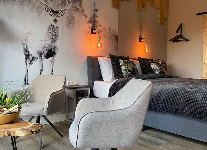 Gezellige slaapkamer in Vakantiehuisje in Giethmen, Vechtstreek, Overijssel met warme verlichting en houten accenten.