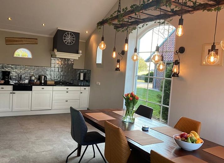 Buitenruimte van Vakantiehuisje in Giethmen, Vechtstreek, Overijssel met comfortabele zitjes en uitzicht op groene velden.