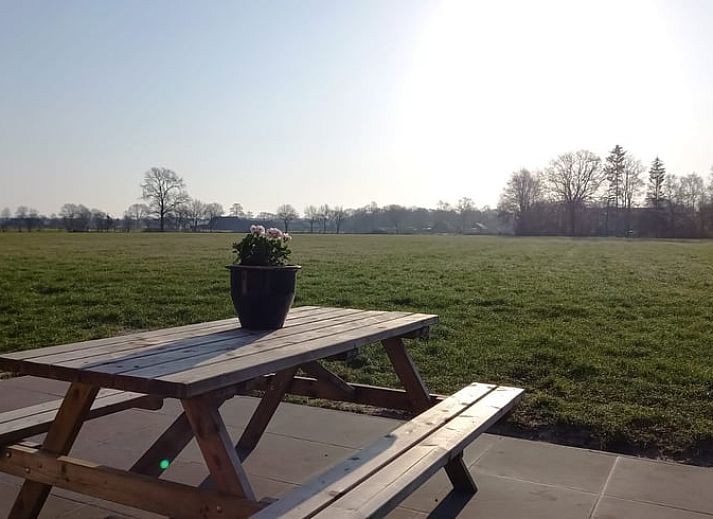 Luchtfoto van groene velden rond Vakantiehuisje in Giethmen, Vechtstreek, Overijssel, met uitgestrekte bossen op de achtergrond.