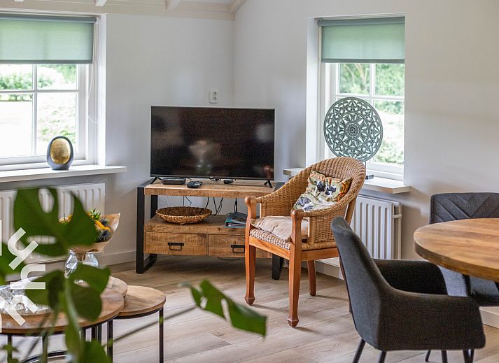 Stilvolle Diele im Ferienhaus OV689 in Lemele, Overijssel, mit Holzakzenten und Kunst an der Wand.