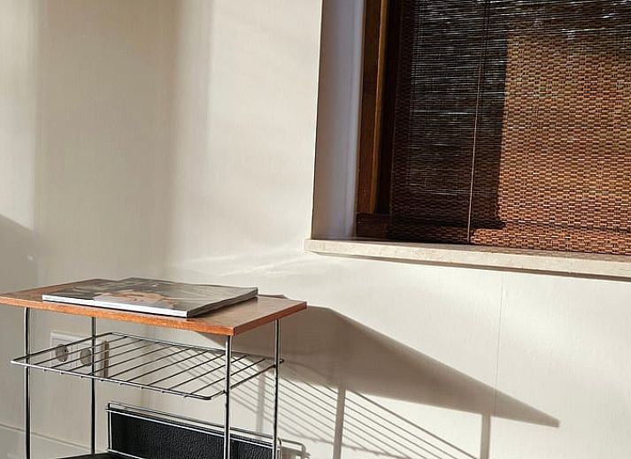 Gezellige woonkamer van Vakantiehuisje in Stegeren, Vechtstreek, Overijssel met uitzicht op de groene tuin.