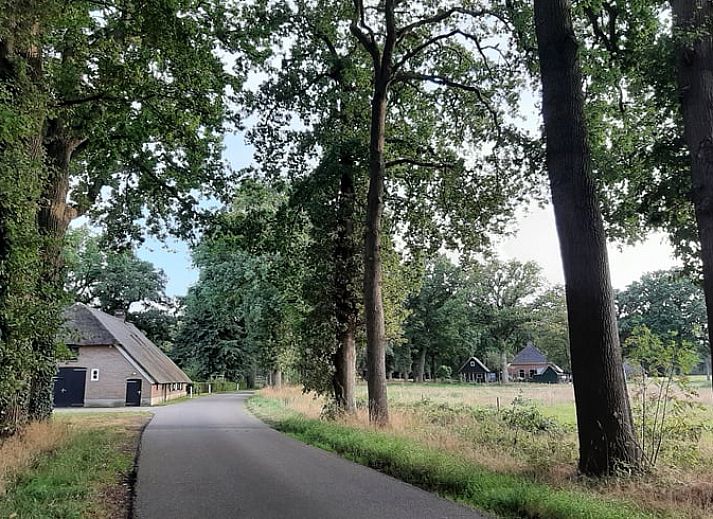 Gemuetliches Wohnzimmer des Ferienhauses in Stegeren, umgeben von Natur in der Region Vecht, Overijssel, mit grossem Fenster und bequemer Sitzecke.