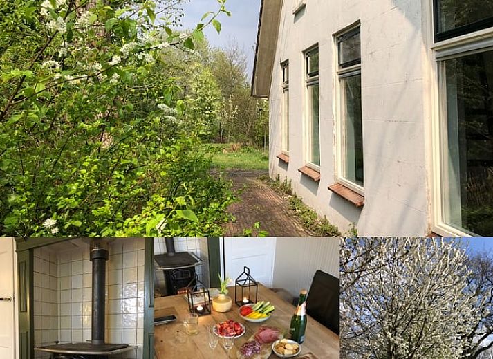 Gezellige eetkamer in Vakantiehuisje in Den Velde, Overijssel, met rustieke houten tafel en sfeervolle inrichting in de Vechtstreek.