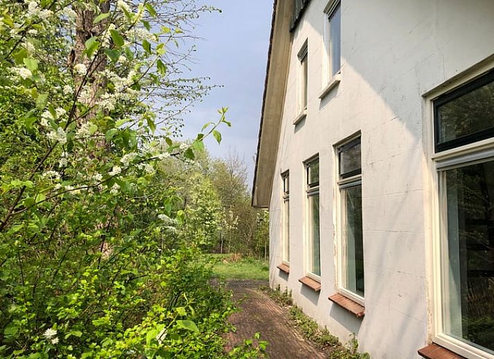 Gezellige eetkamer in Vakantiehuisje in Den Velde, Overijssel, met rustieke houten tafel en sfeervolle inrichting in de Vechtstreek.