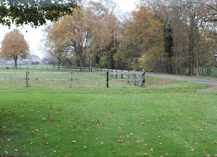 Moderne Kueche in einem Ferienhaus in Lemelerveld, Overijssel, mit Blick auf die natuerliche Umgebung der Vecht-Region.