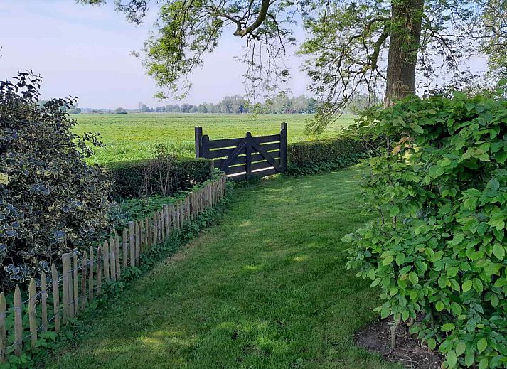 Cozy terrace at OV601 vacation home in Giethoorn, Overijssel, with seating and barbecue in green surroundings.