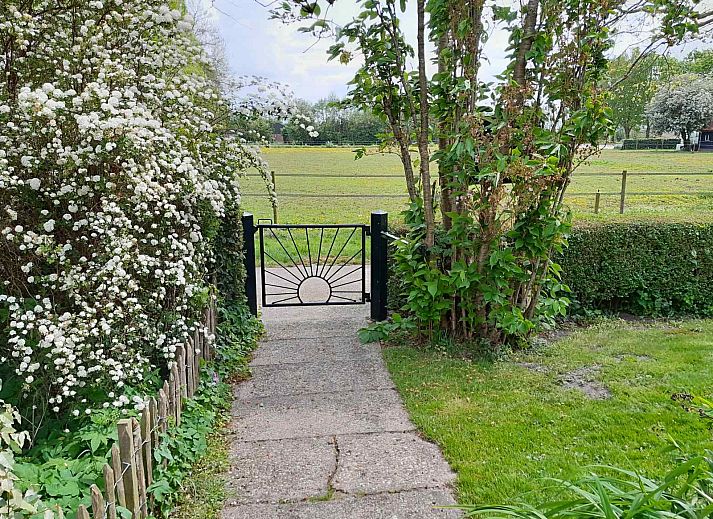 Beautiful garden at vacation home OV602 in Giethoorn with picnic table and green surroundings.