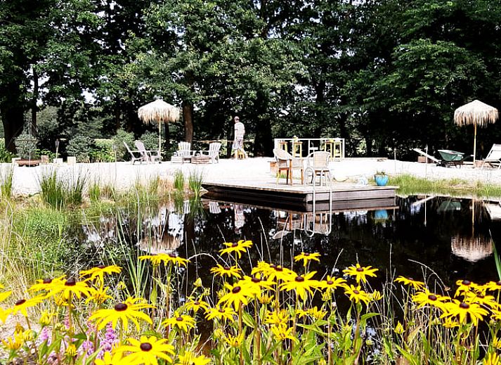 Relax on the sandy beach at Holiday Home in De Bult, Overijssel, overlooking a serene pond and green surroundings.