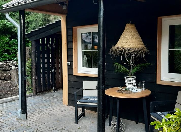 Rustic wooden terrace overlooking the pond at Cottage in De Bult, northwest Overijssel, surrounded by lush nature.