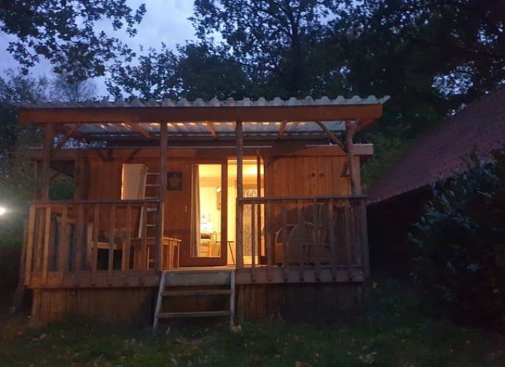 Veranda von Cottage in IJhorst, Ferienhaus im Nordwesten von Overijssel, umgeben von Baeumen.