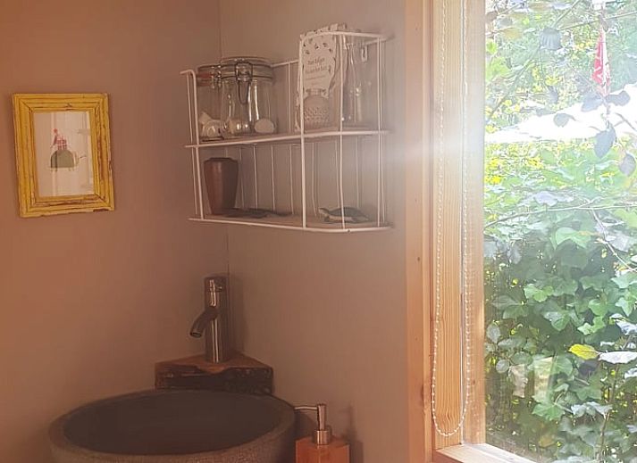 Gemuetliche Veranda von Huisje in IJhorst, Ferienhaus im Nordwesten von Overijssel, mit Sonnenlicht.