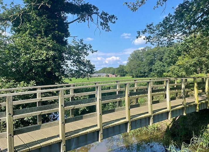 Modern kitchen in Holiday Home in IJhorst, Northwest Overijssel, equipped with stylish tile wall and modern appliances.