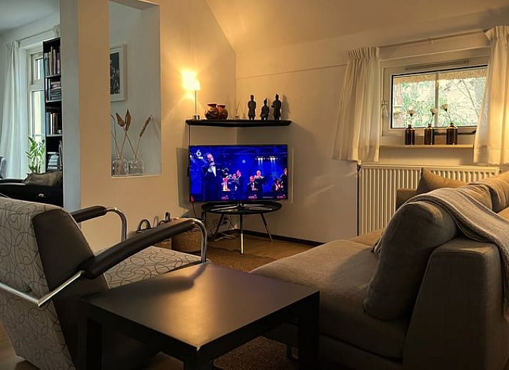 Sonnige Terrasse am Ferienhaus in IJhorst, ausgestattet mit Holztisch und Stuehlen, umgeben von gruener Natur.