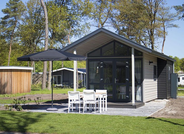 Geniet van de rust in Tiny House 4, een charmant vakantiehuis in IJhorst, Overijssel, met een zonnig terras en groene omgeving.