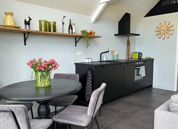 Lichte woonkamer van Vakantiehuis in Kalenberg, Overijssel, met grote ramen en uitzicht op de groene omgeving.