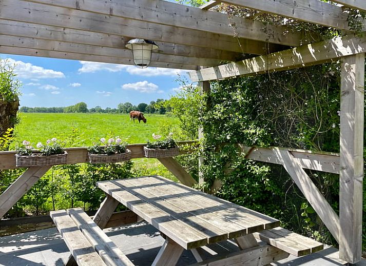 Knusse woonkamer in Vakantiehuis in Sint Jansklooster, Overijssel, met comfortabele banken.