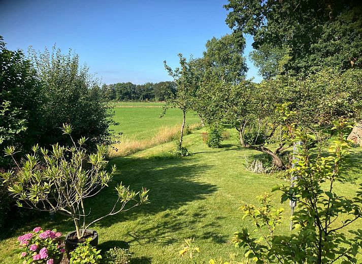 Lichtdurchfluteter Innenraum des Ferienhauses OV735 in Tuk, Overijssel, mit Blick auf den gruenen Garten und moderne Pendelleuchten.