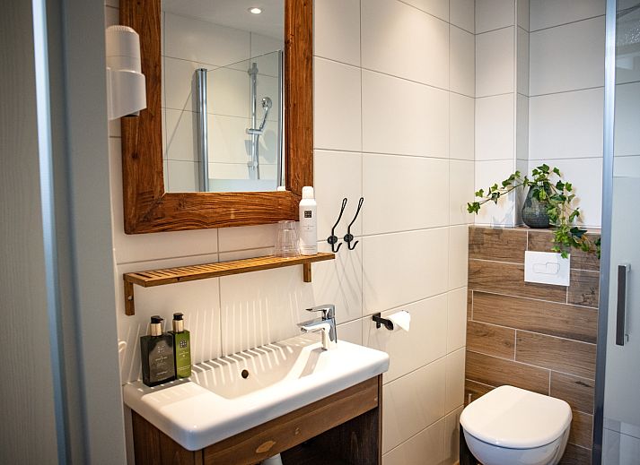 Modernes Badezimmer im Ferienhaus OV683, Blokzijl, mit Holzakzenten und stilvoller Einrichtung in Overijssel.