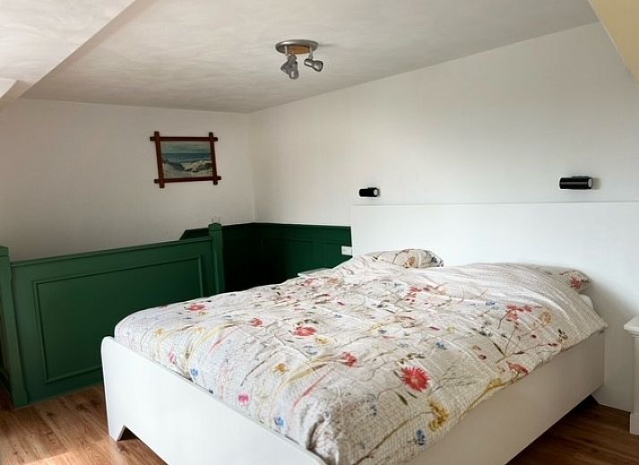 Eingang des Ferienhauses Marie Loosdrecht in Loosdrecht, Utrecht, mit gruenen Akzenten und einem Kunstwerk an der Wand.