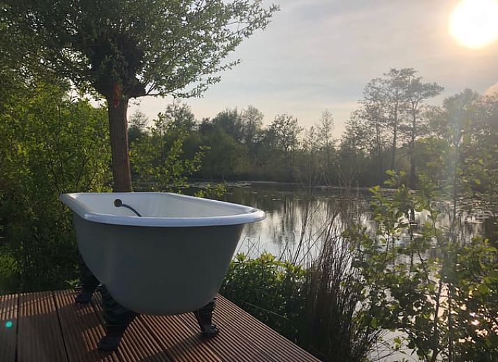 Gezellige zithoek in Vakantiehuisje in Tienhoven, Utrecht noord, met oranje bank en uitzicht op de natuur.