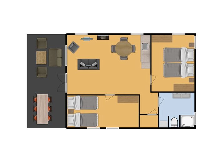 Entspannen Sie sich auf der ueberdachten Veranda des Bungalows Schoonoord in Doorn, Utrechtse Heuvelrug, mit Blick auf die gruene Umgebung.