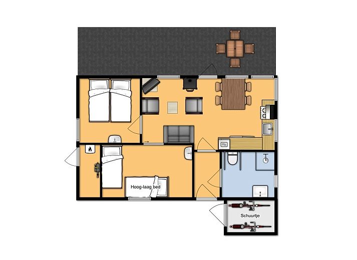 Terras met parasol bij Aangepaste bungalow Sterkenburg, vakantiehuis in Doorn, Utrechtse Heuvelrug, omringd door natuur.