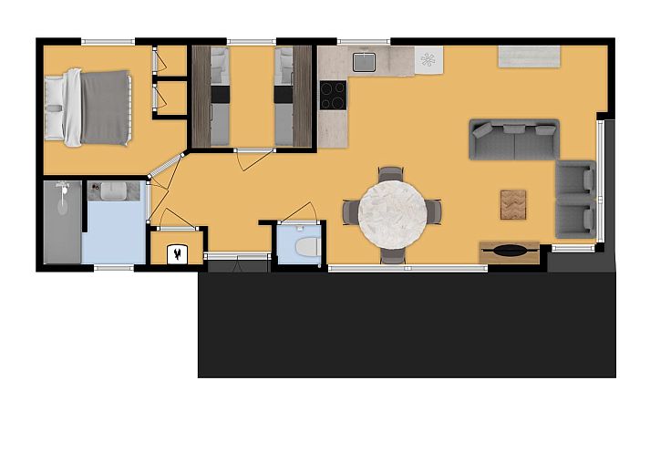 Gemuetliches Wohnzimmer des Bungalows Zuylestein in Doorn mit komfortablen Moebeln und Blick auf die Natur.