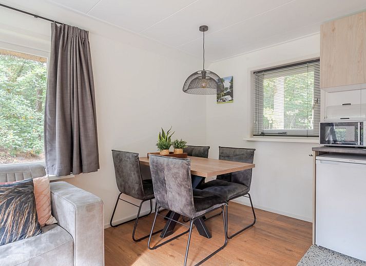 Terrasse des Bungalows Ruiterberg in Doorn mit Gartenmoebeln, gelegen auf dem Utrechtse Heuvelrug.