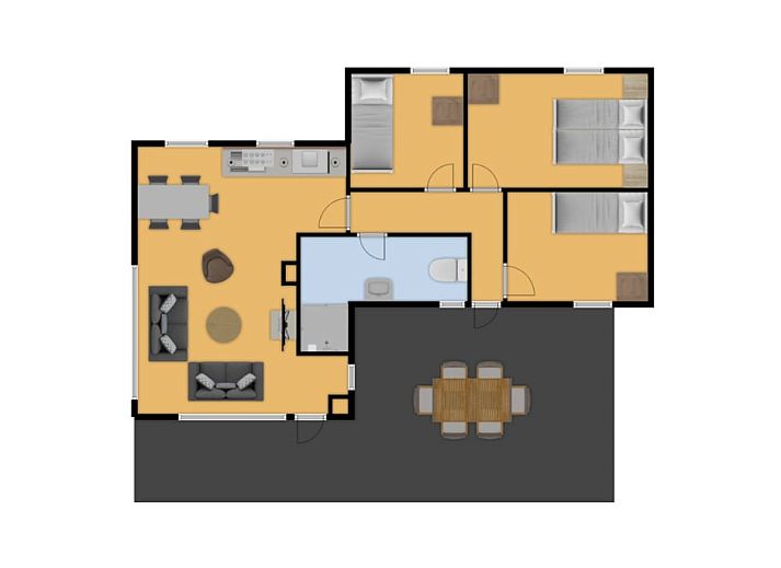 Holzveranda des Bungalows Ruiterberg in Doorn, umgeben von Gruen auf der Utrechtse Heuvelrug.