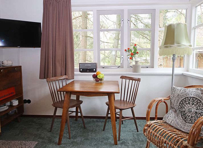 Gezellige zithoek in Bungalow Ficus, Doorn, Utrechtse Heuvelrug met uitzicht op de natuur.