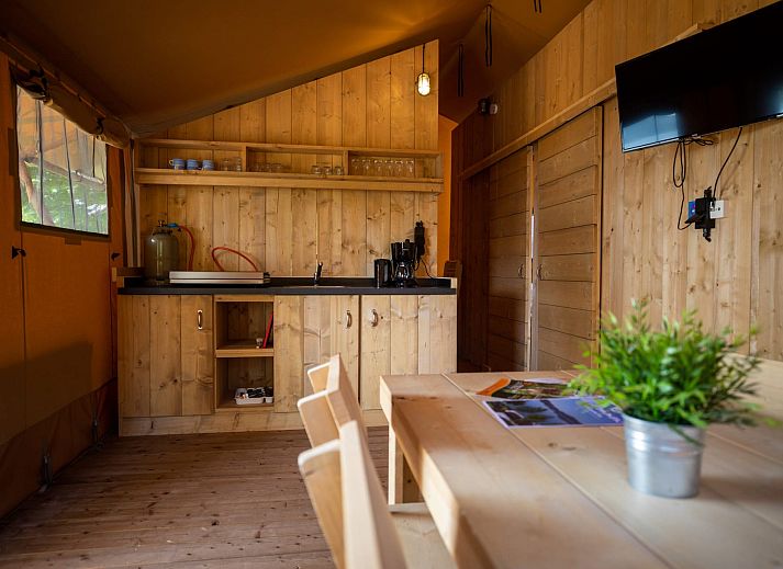 Cozy veranda of Safaritent Nieuweroord in Doorn, Utrechtse Heuvelrug, ideal for a relaxing glamping vacation with the family.