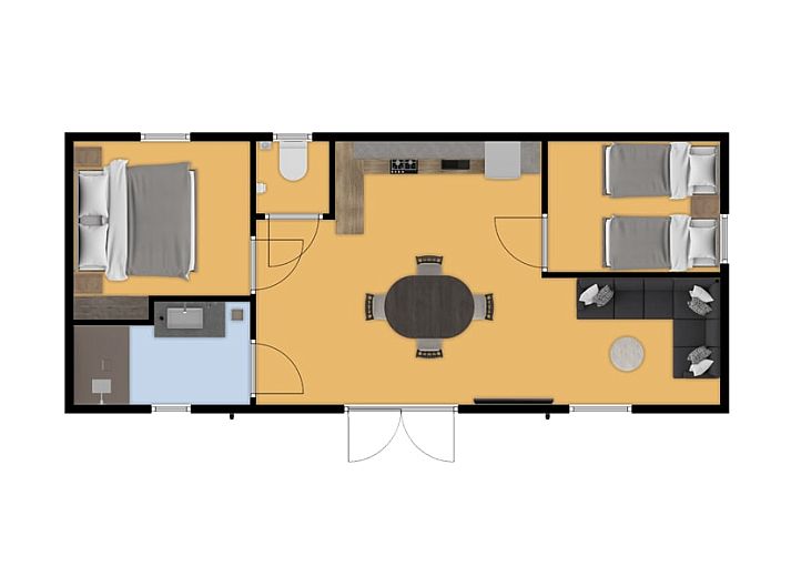 Gezellige binnenruimte van Mobil home Stameren in Doorn, Utrechtse Heuvelrug, met moderne eethoek en uitzicht op de natuur.