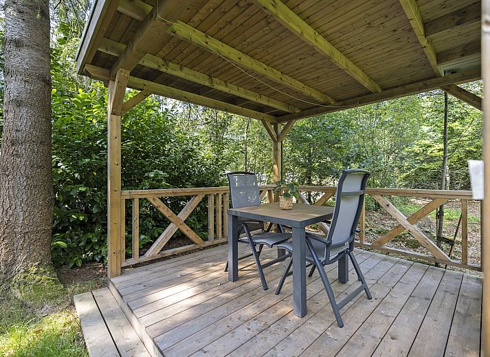 Bungalow Anderstein in Doorn, Utrechtse Heuvelrug mit sonniger Terrasse und Liegestuehlen inmitten der Natur.