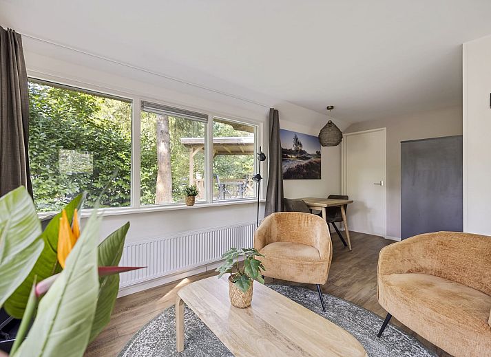 Bungalow Anderstein in Doorn, Utrechtse Heuvelrug mit sonniger Terrasse und Liegestuehlen inmitten der Natur.