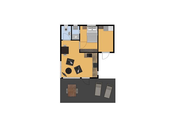 Gemuetliche Veranda im Bungalow Anderstein, Doorn, Utrechtse Heuvelrug, ideal fuer Mahlzeiten im Freien.