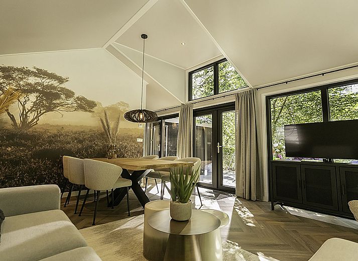 Modern living room in Holiday Home De Thijmse Berg, Rhenen with lots of light and views of the Utrecht Hill Ridge.