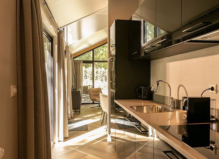 Modern living room in Holiday Home De Thijmse Berg, Rhenen with lots of light and views of the Utrecht Hill Ridge.