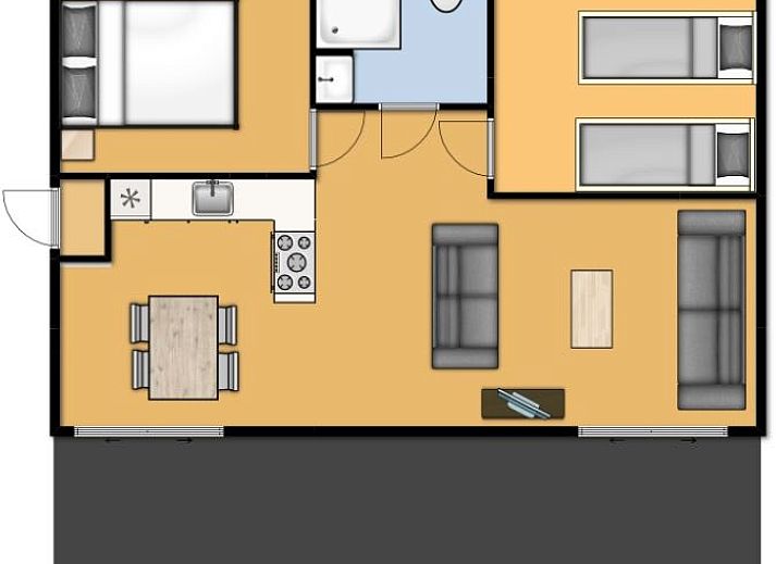 Gemuetliches Wohnzimmer von Bungalow de Dukdalf in Kamperland, mit bequemer Sitzecke und grossen Fenstern.