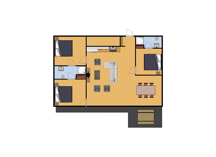 Open keuken en zithoek in Bungalow de Boei, ideaal voor een vakantie in Kamperland, Noord-Beveland, Zeeland.