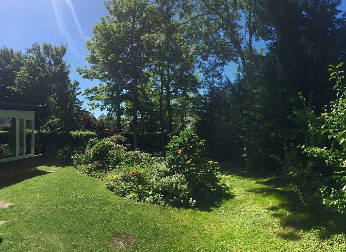 Helles Esszimmer im Ferienhaus Lark Avenue 15, Kamperland, mit Holzdecke und bunten Blumen.