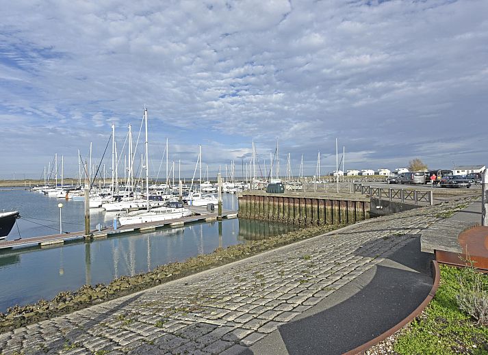 Blick auf den Yachthafen vom Einfamilienhaus in Kamperland, Ferienhaus in Noord-Beveland, Zeeland mit grnem Garten und blauem Himmel.