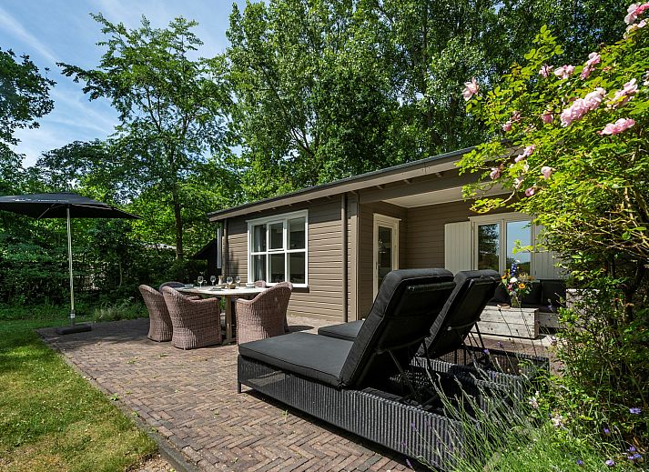 Seitenansicht von Lodge to Lounge, einem Chalet in Nieuw-Haamstede, mit einer sonnigen Terrasse und einem Garten.