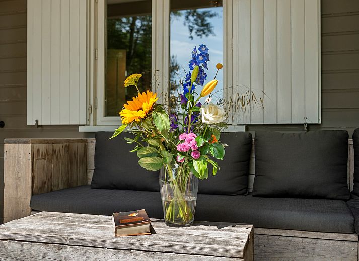 Seitenansicht von Lodge to Lounge, einem Chalet in Nieuw-Haamstede, mit einer sonnigen Terrasse und einem Garten.