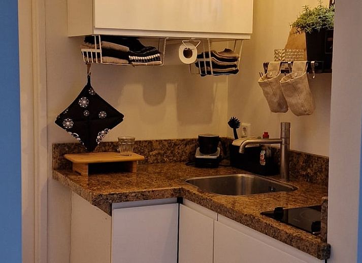 Romantisch hoekje in de tuin van Vakantiehuisje in Dreischor, Schouwen-Duiveland, Zeeland met bloeiende struiken.