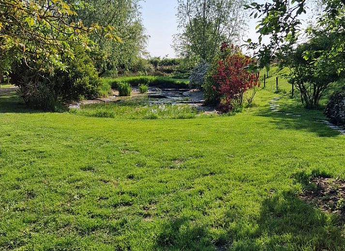 Houtopslag en zithoek in de tuin van Vakantiehuisje in Dreischor, Schouwen-Duiveland, Zeeland.