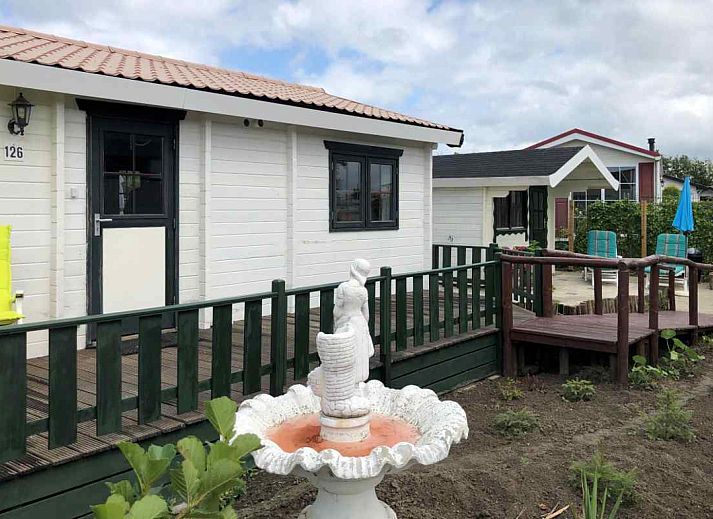 Gezellig terras bij vakantiehuis ZE998 in Sint-Annaland, Tholen met picknicktafel en bloemen.