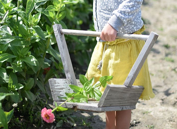Aussenterrasse des Ferienhauses 'T Bloemenhof Koudekerke mit Holztischen und Stuehlen, Walcheren, Zeeland.