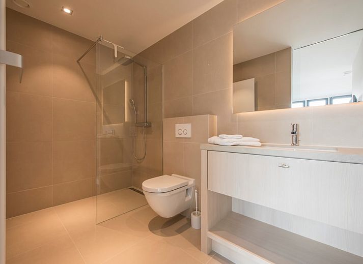 Eetkamer en zitgedeelte van Champagne Wellness 6 appartement in Domburg met uitzicht op de natuur.