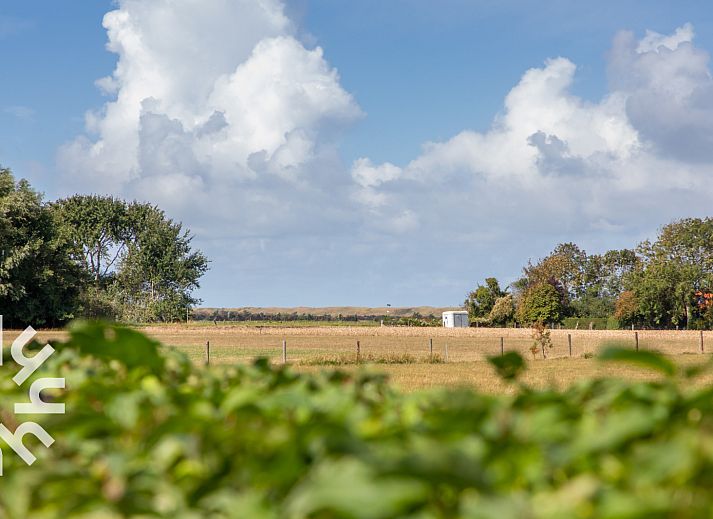 Terrasse des Ferienhauses ZE257 in Aagtekerke, Walcheren, Zeeland mit Blick auf einen gruenen Garten.