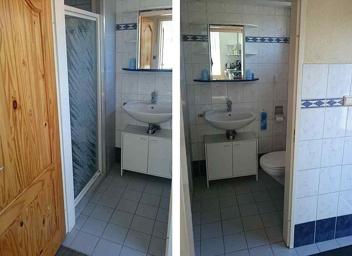 Badezimmer mit Dusche und Waschbecken im Ferienhaus ZE555, Aagtekerke, Walcheren.